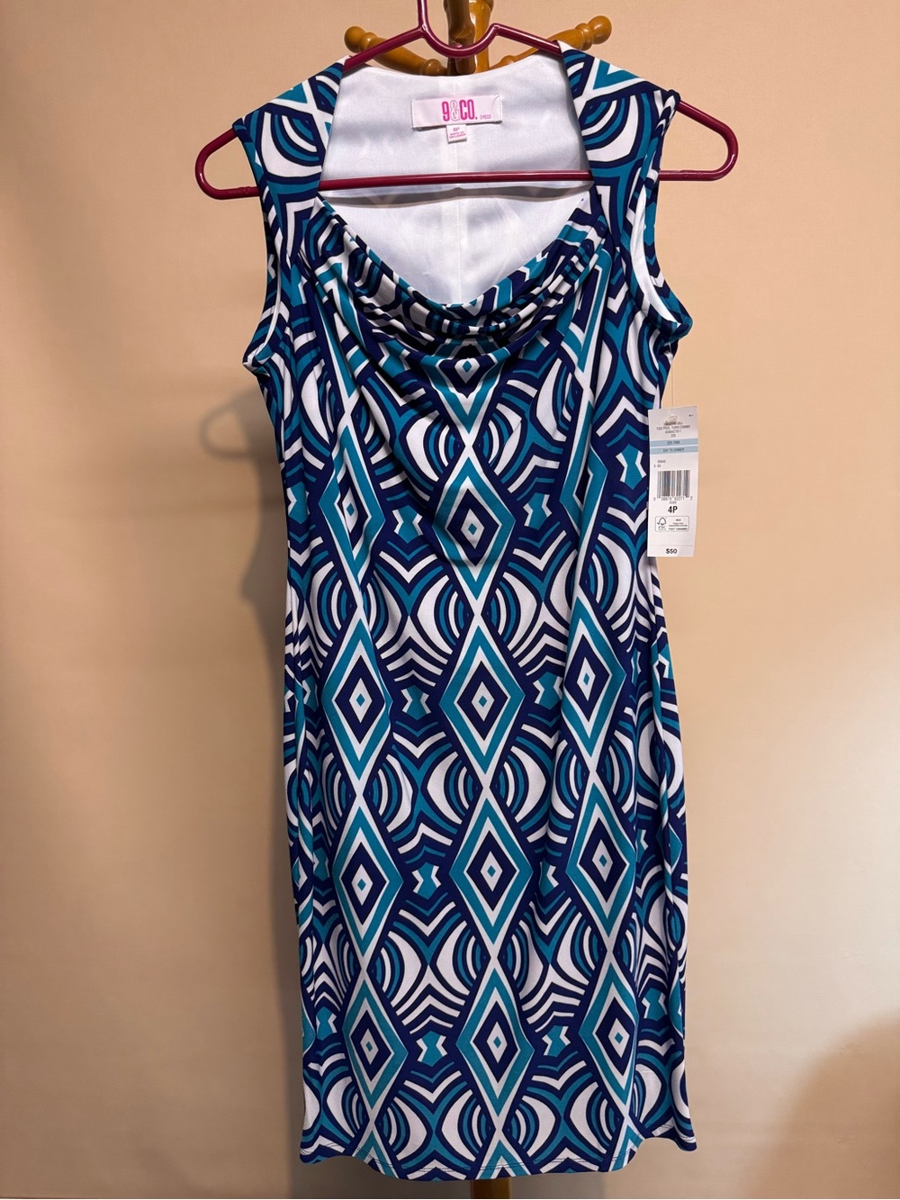 Women’s 9 & Co Sleeveless Geometric Cowl Neck Dress in Teal & Navy. Size 4P